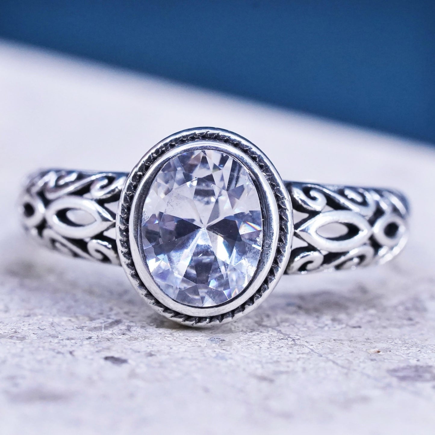 Size 10.25, vintage Sterling silver handmade ring,925 filigree ring w/ crystal