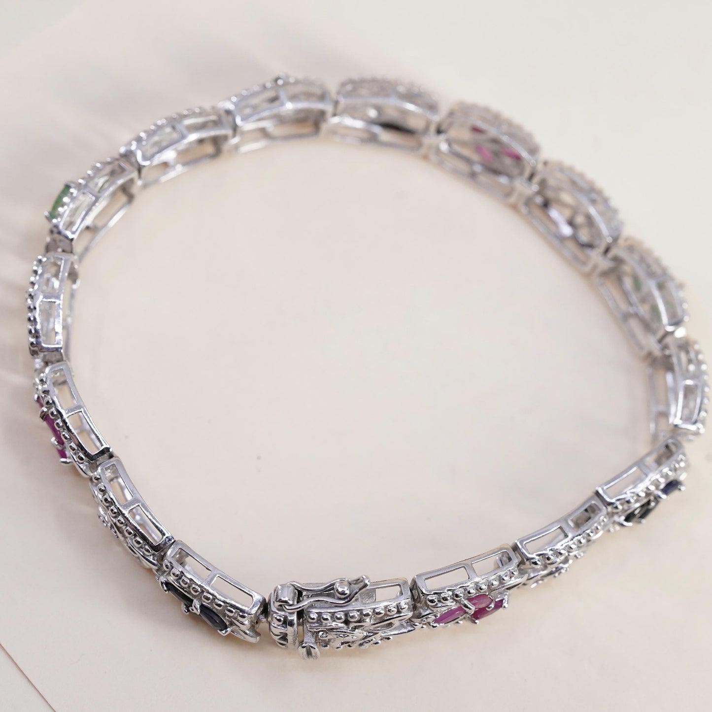 7.25", VTG Sterling 925 silver filigree tennis bracelet ruby emerald sapphire