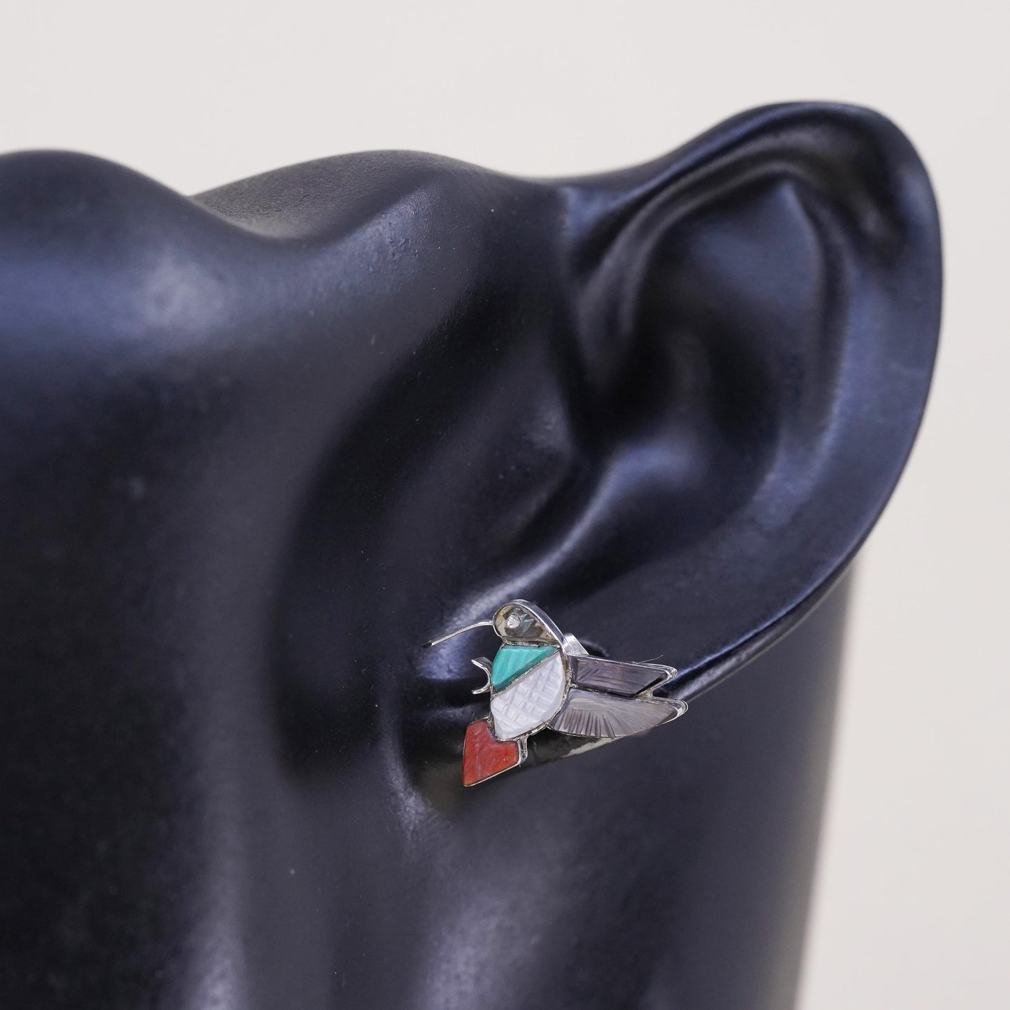 Native American Navajo single earring Sterling 925 silver hummingbird bird stud