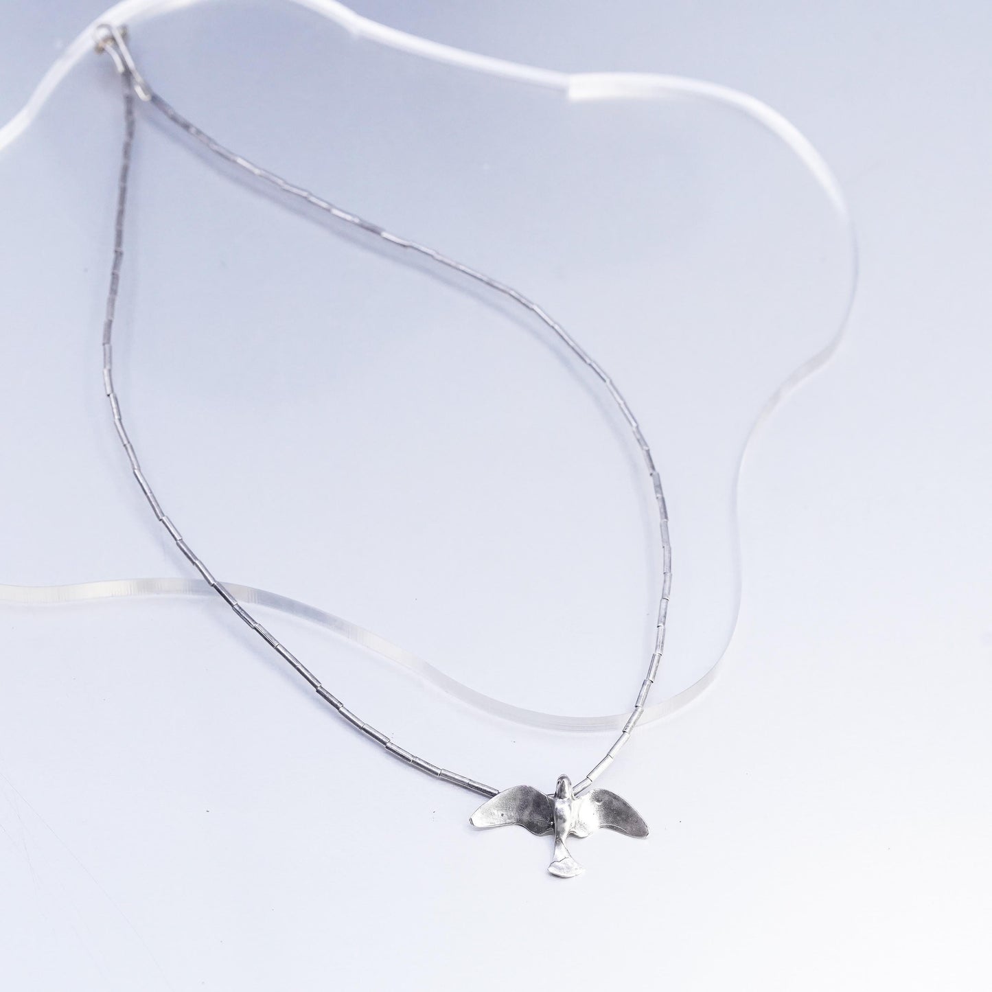 15", Native American Sterling 925 liquid silver necklace with done bird pendant