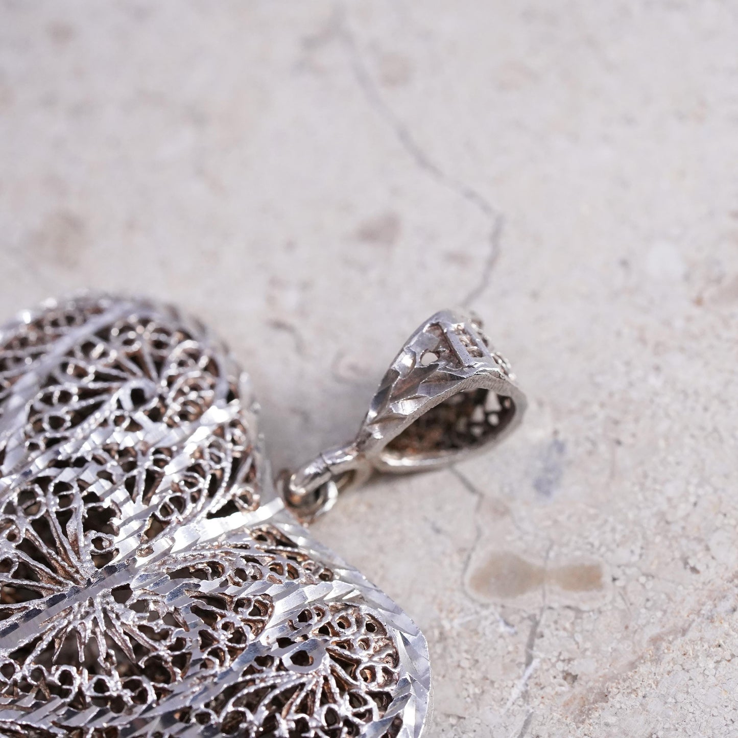Vintage Sterling silver handmade pendant, 925 puffy filigree heart