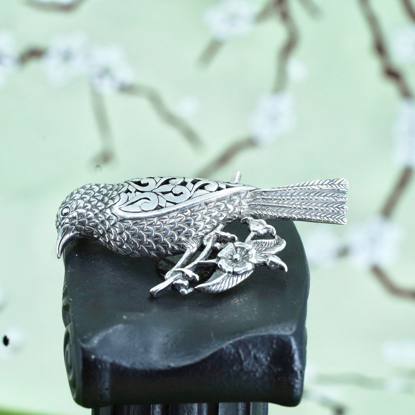 Vintage sterling silver handmade brooch, 925 Jezlaine filigree floral bird pin