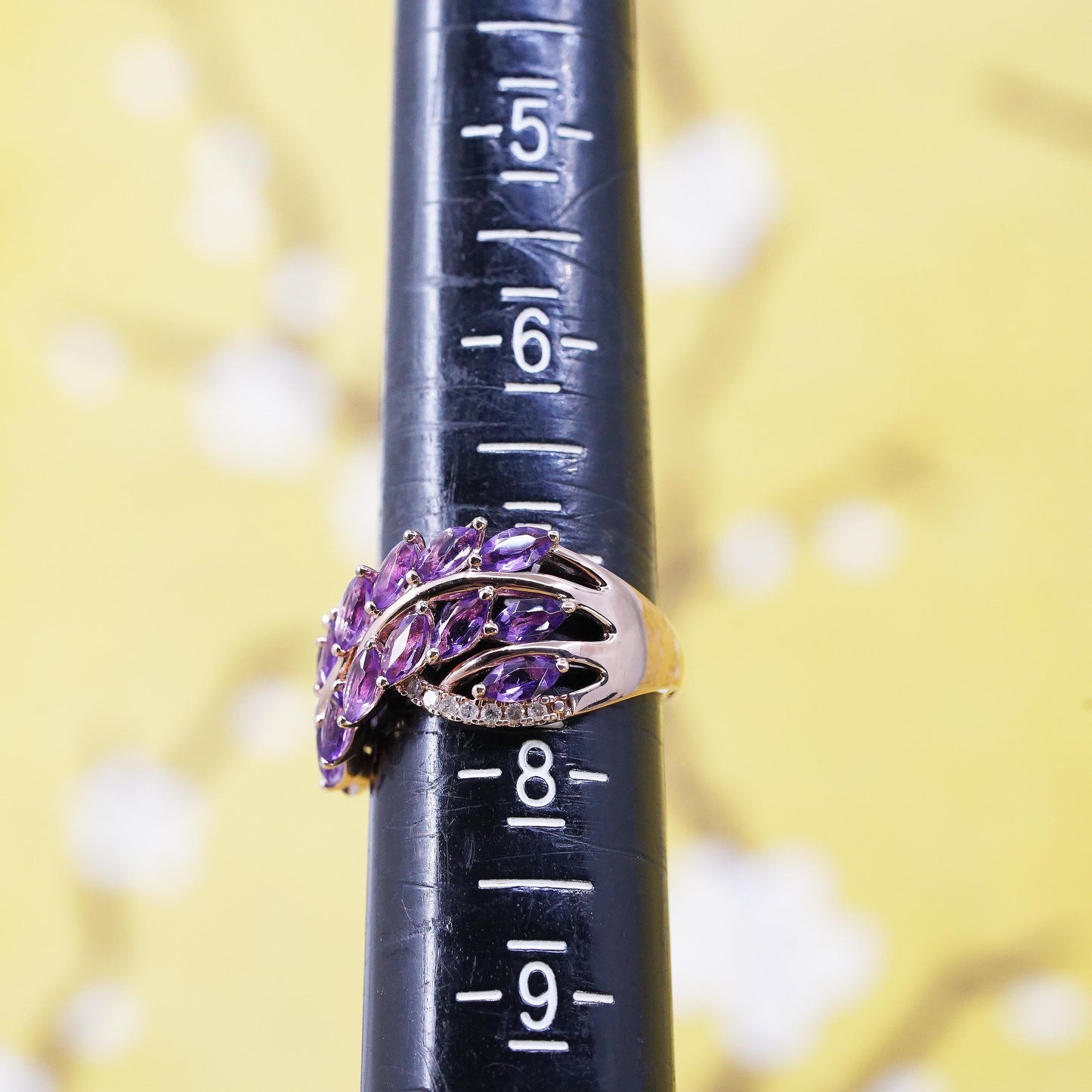 Size 7.25, PM vermeil rose gold over Sterling 925 silver ring amethyst diamonds