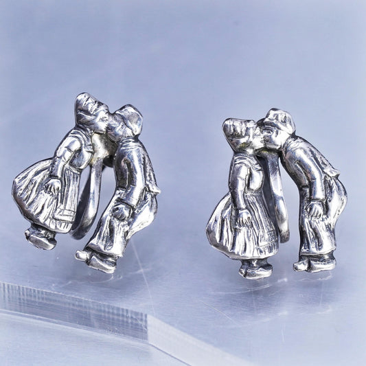 Vintage Sterling 925 silver handmade earrings, screw back kissing couple