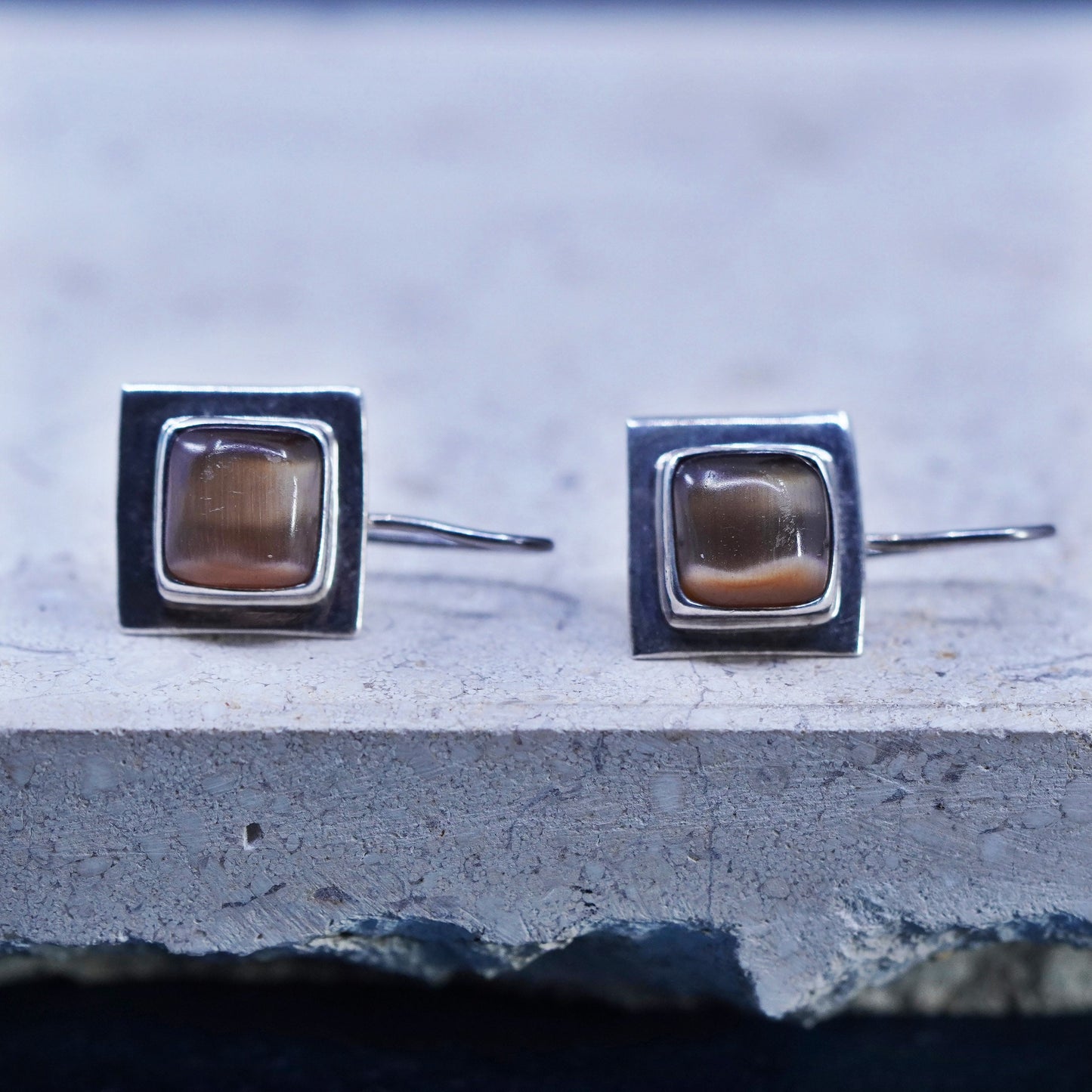 Vintage Sterling 925 silver handmade earrings with brown cat eye