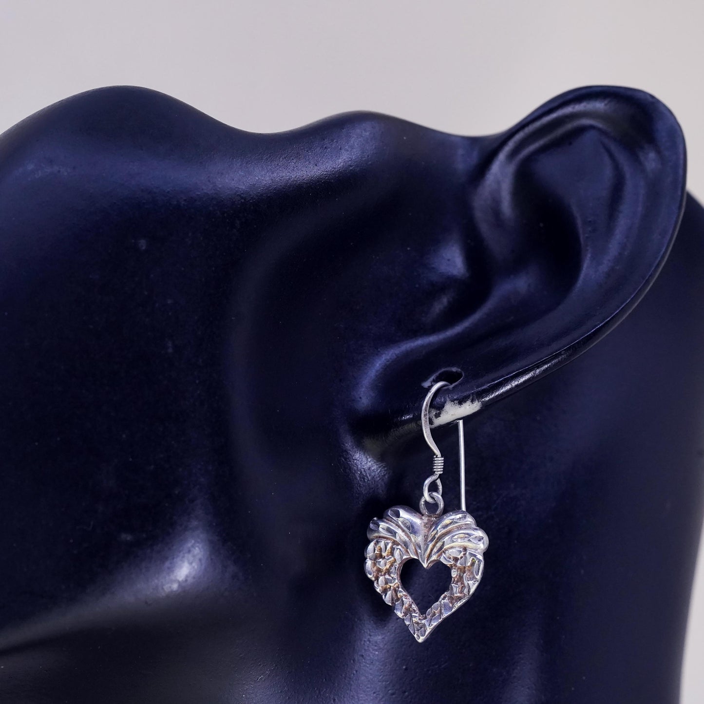 Vintage Sterling silver handmade earrings, textured 925 heart drops