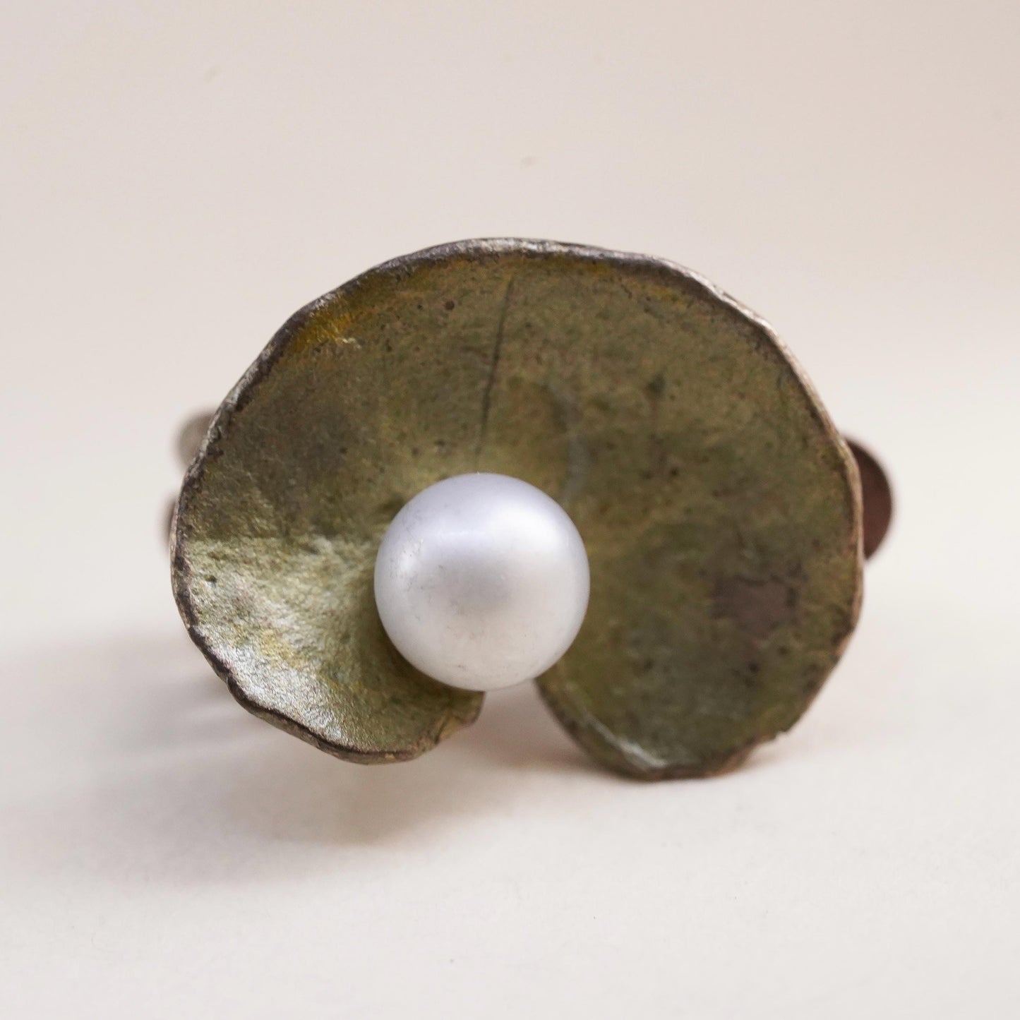 Vintage gold tone handmade single earring, 925 lotus leaf clip on with pearl