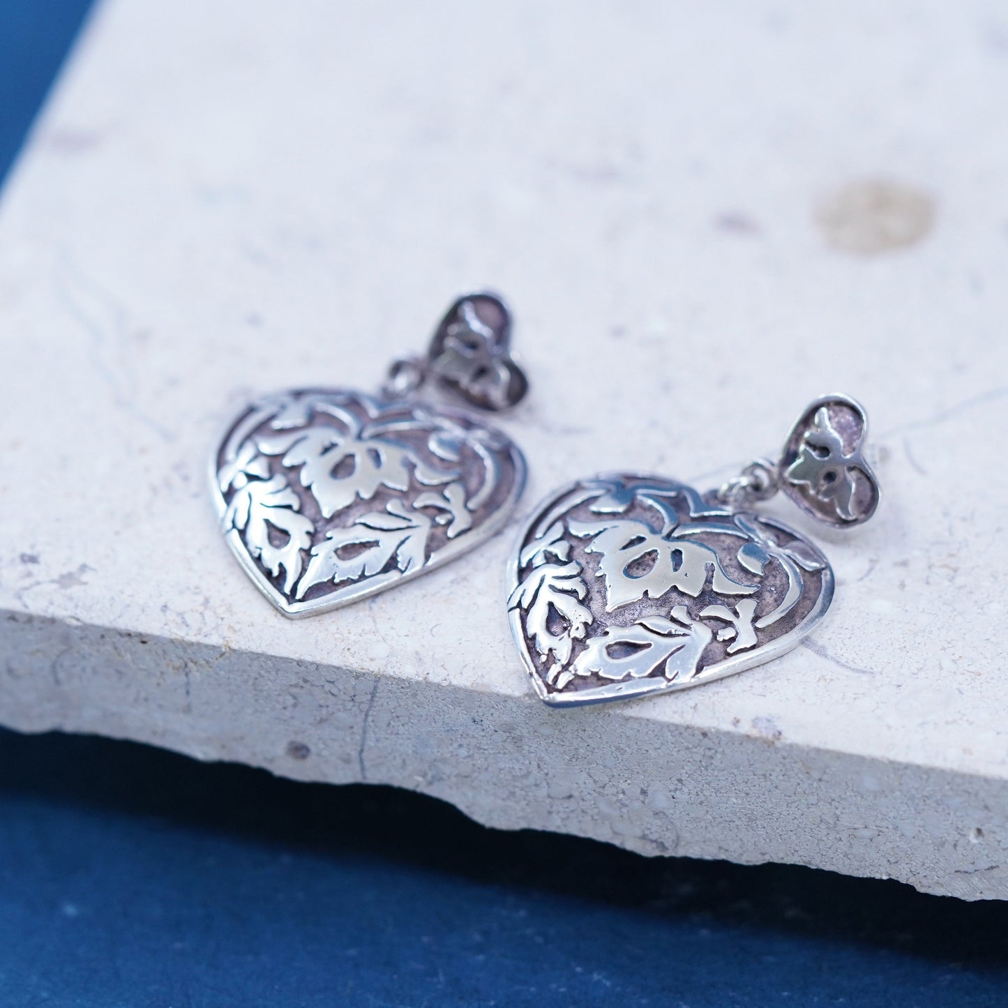 Vintage Sterling silver handmade earrings, textured 925 heart drops