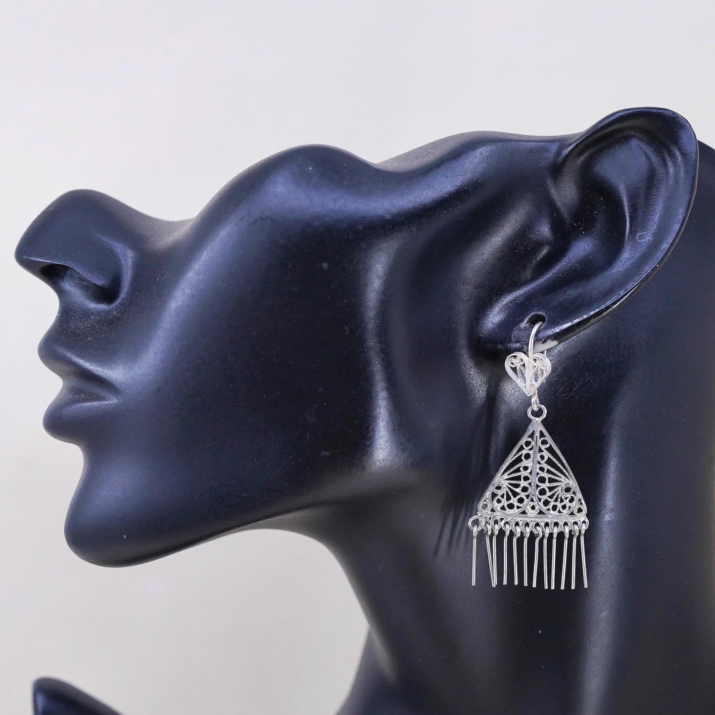 Vintage sterling silver handmade earrings, 925 filigree triangle with fringes