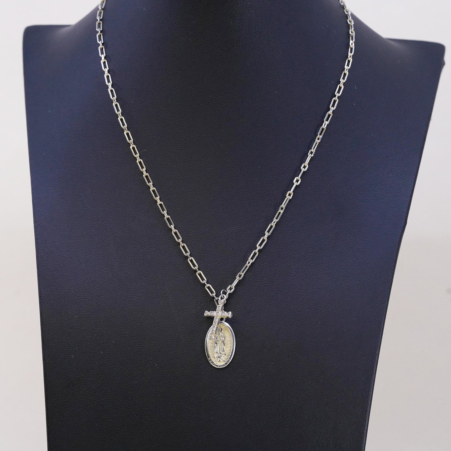 Sterling Silver 925 Two Tone Virgin Mary Diamond Cross Pendant Necklace, Chain