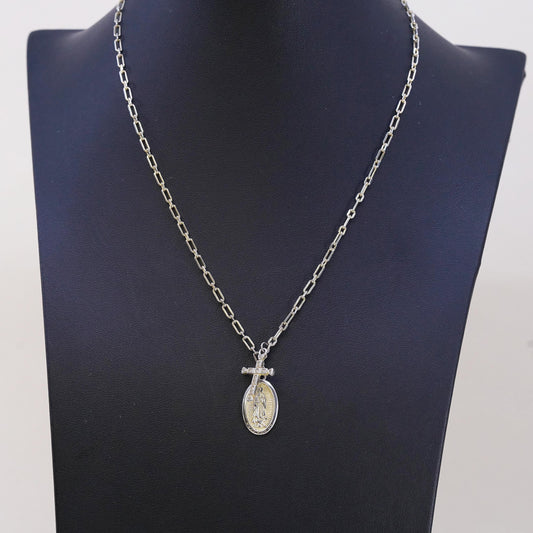 Sterling Silver 925 Two Tone Virgin Mary Diamond Cross Pendant Necklace, Chain