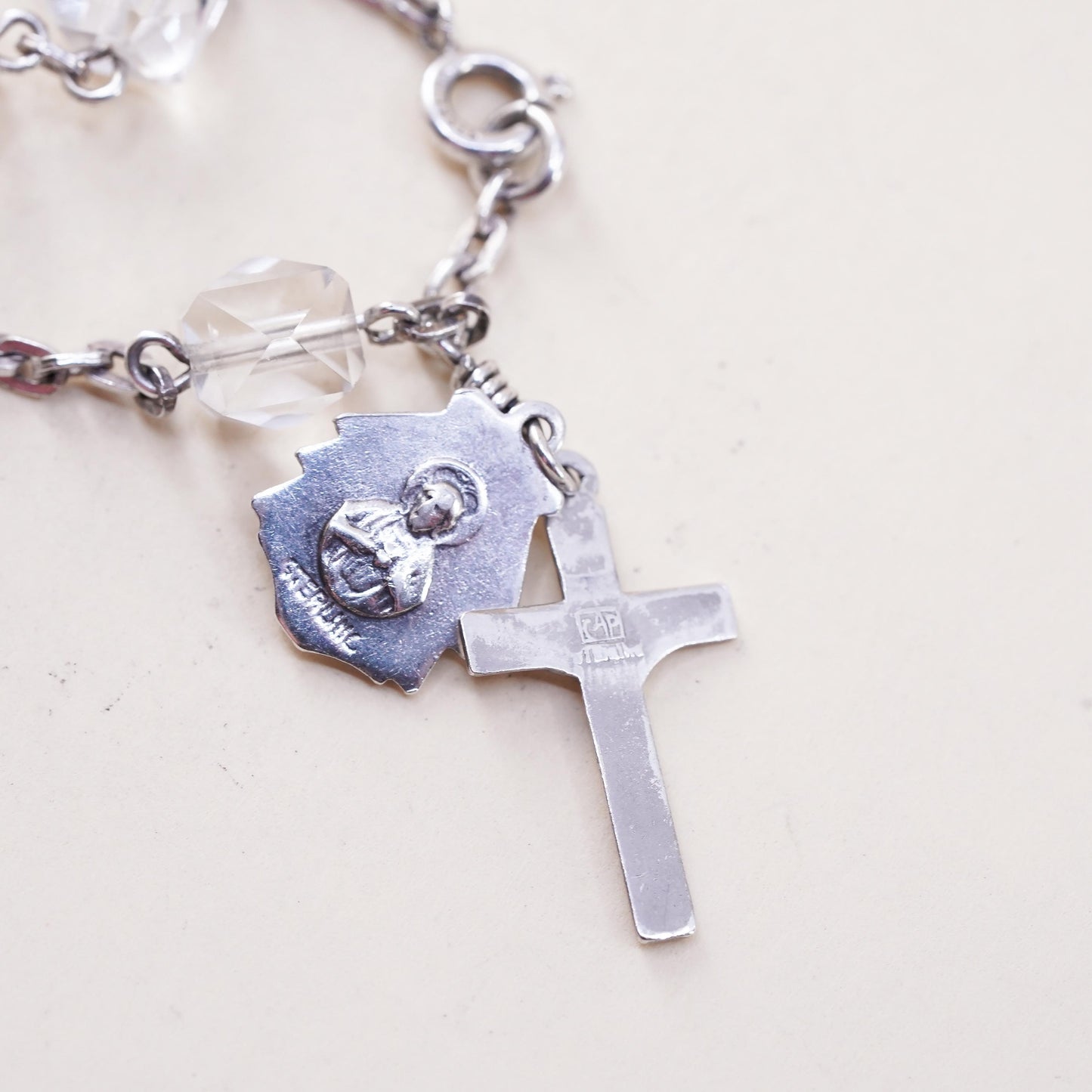 7”, sterling 925 silver crystal bead bracelet Virgin Mary cross metal charms