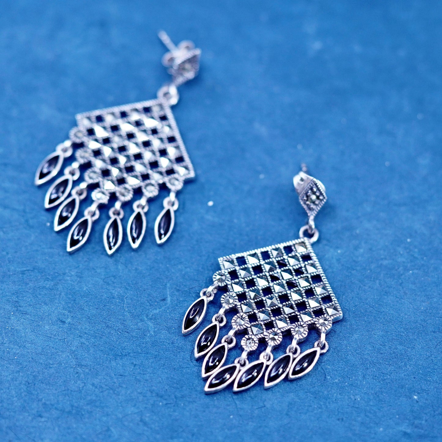 sterling 925 silver diamond shaped earrings with marcasite onyx fringe