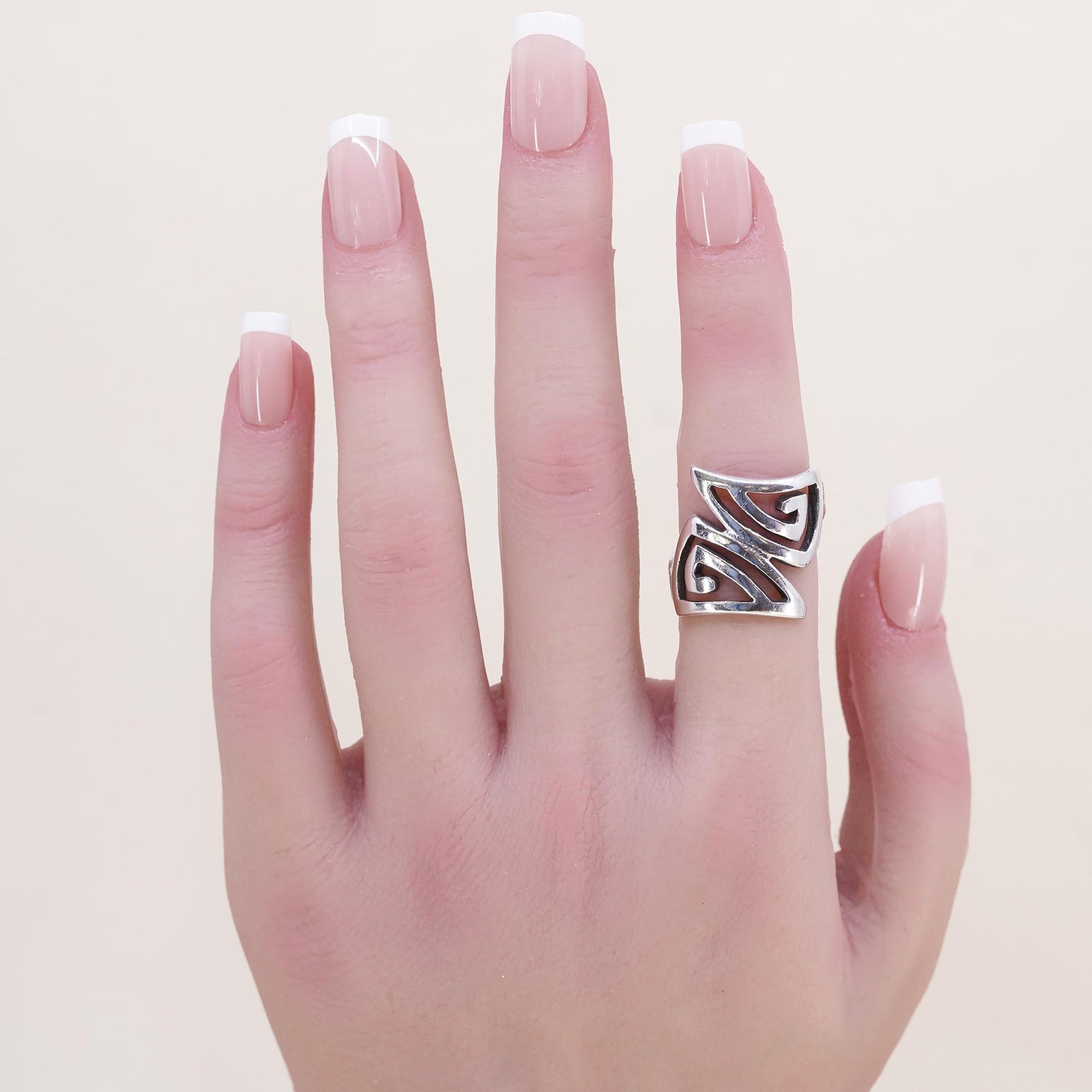 Size 4.25, vintage sterling silver handmade ring, 925 swirly Greek key band