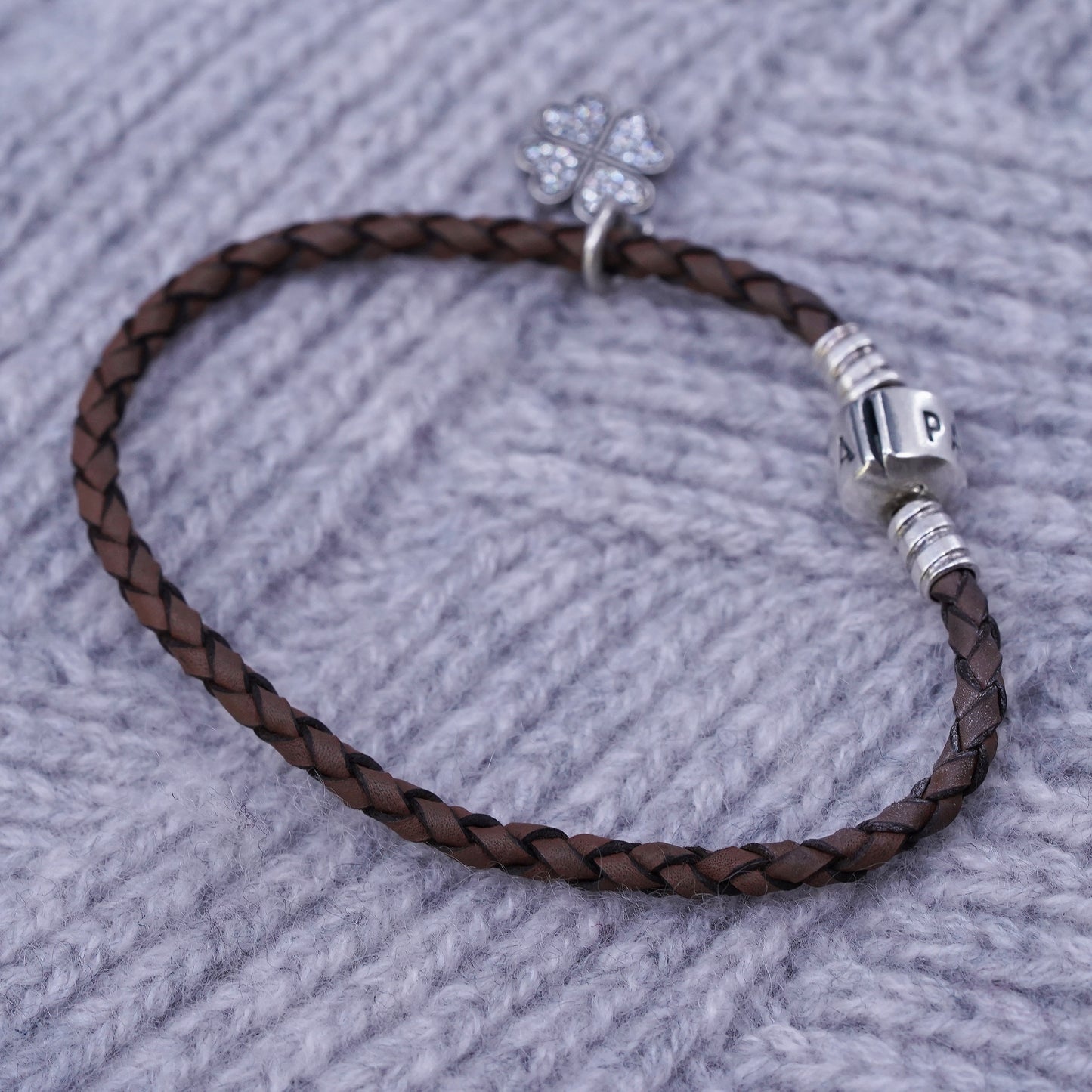 6.5", Pandora ALE sterling 925 silver woven leather chain bracelet lucky charm