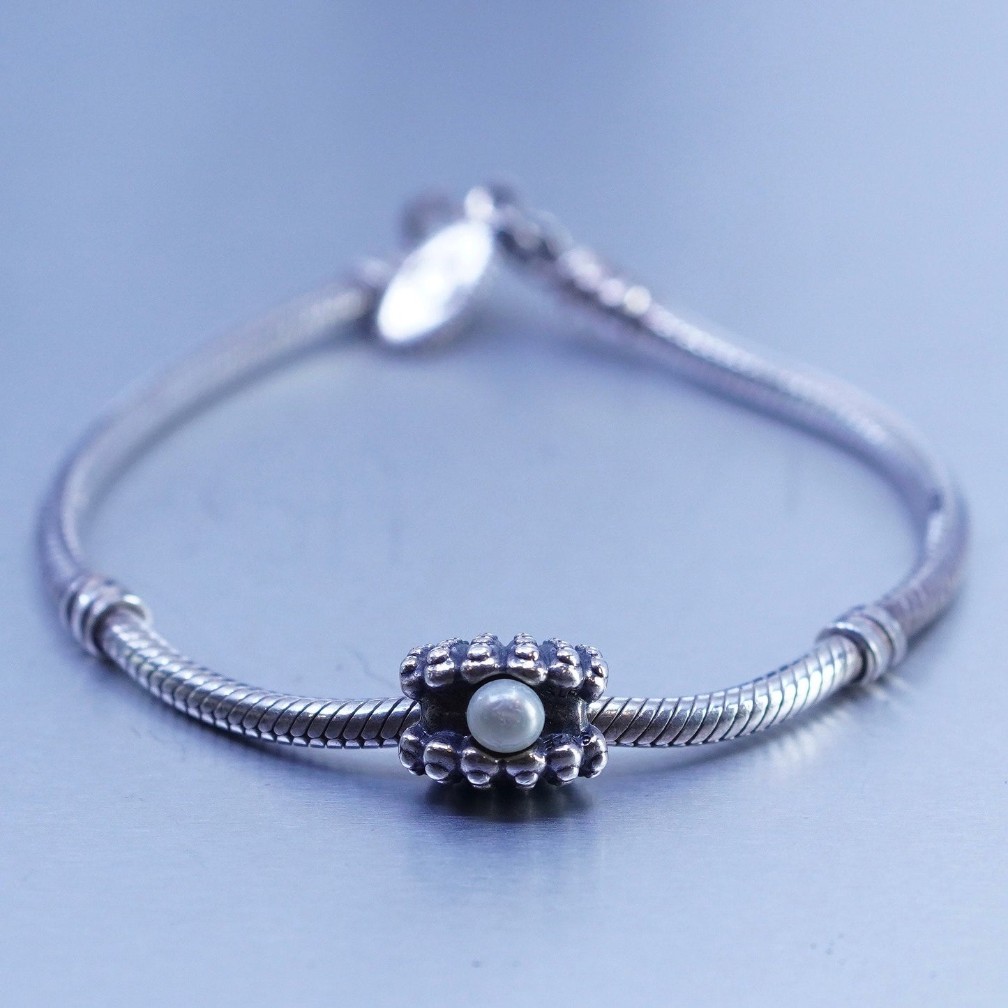 7”, Pandora Sterling 925 silver bracelet, bold snake link chain w/ pearl shell