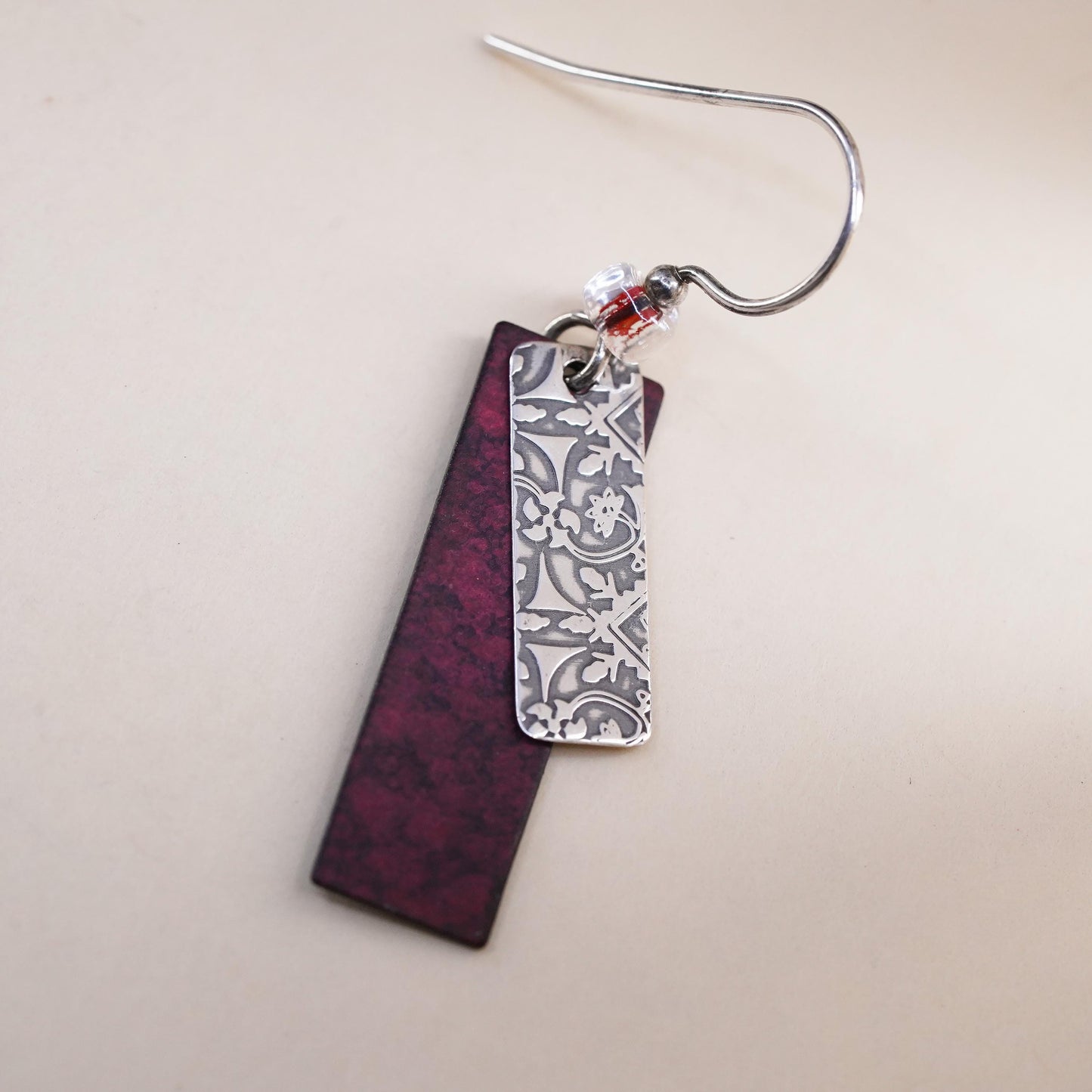 Vintage sterling silver handmade single earring, 925 textured double tags