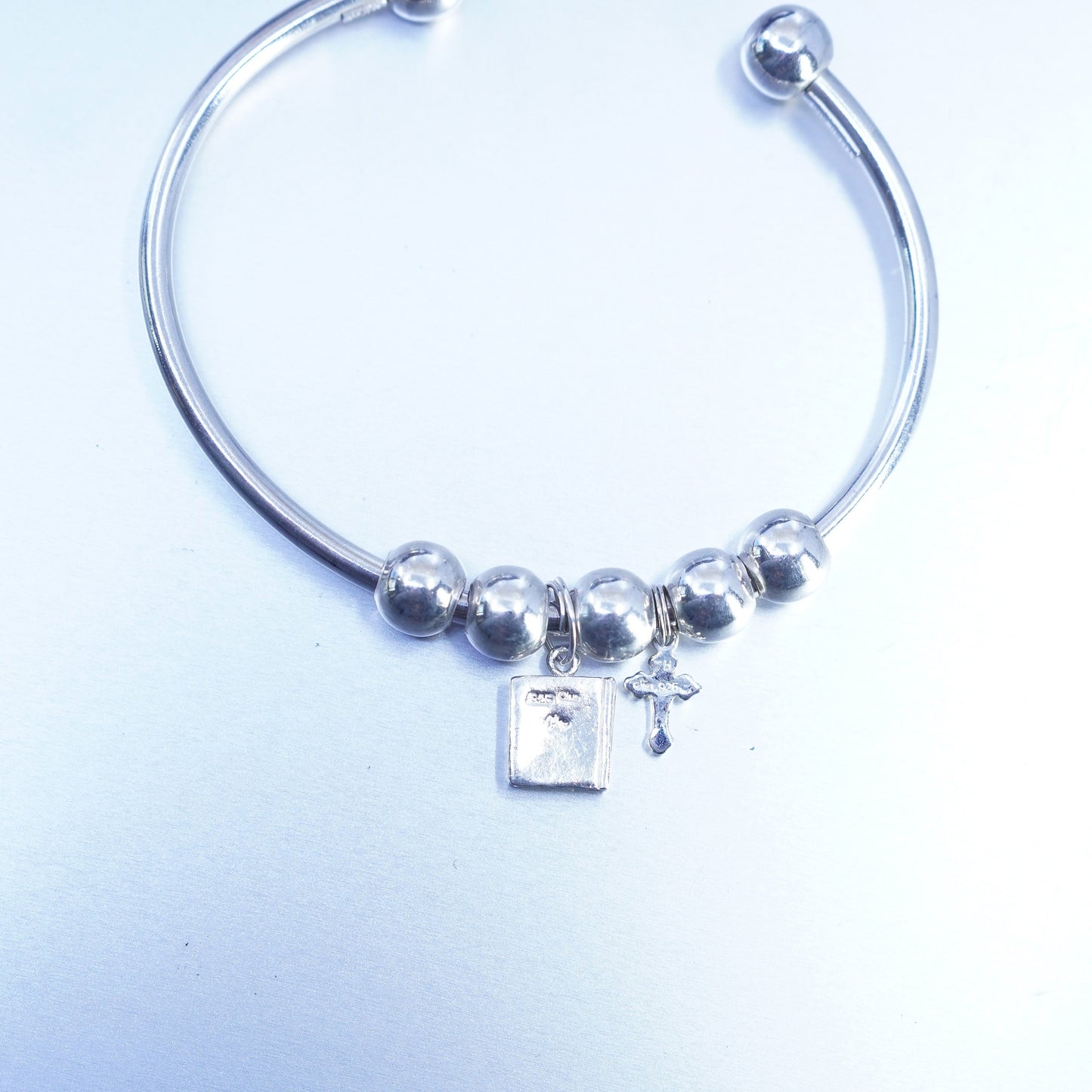 6.75”, Sterling 925 silver charm cuff bracelet with end, bible book and cross