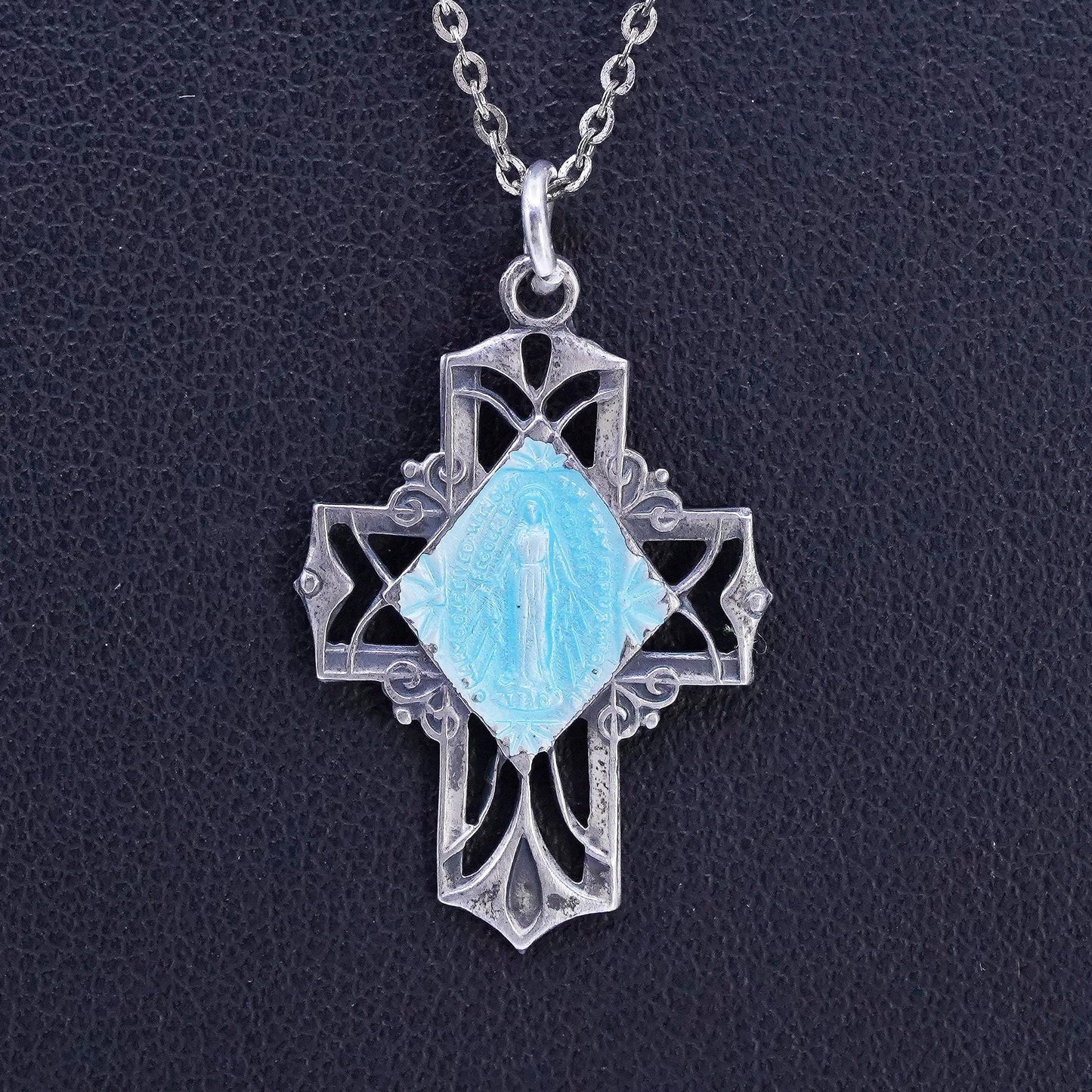 18", Sterling 925 silver circle necklace blue enamel cz pendant Virgin Mary