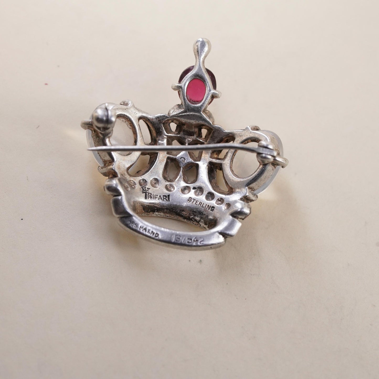 Trifari Alfred Philippe Sterling Silver Brooch 1942 Moonstone Royal Crown Pin