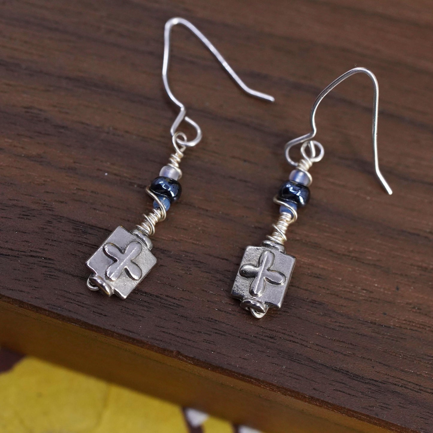 Vintage Sterling silver handmade earrings, 925 wired dangles with cross dangles