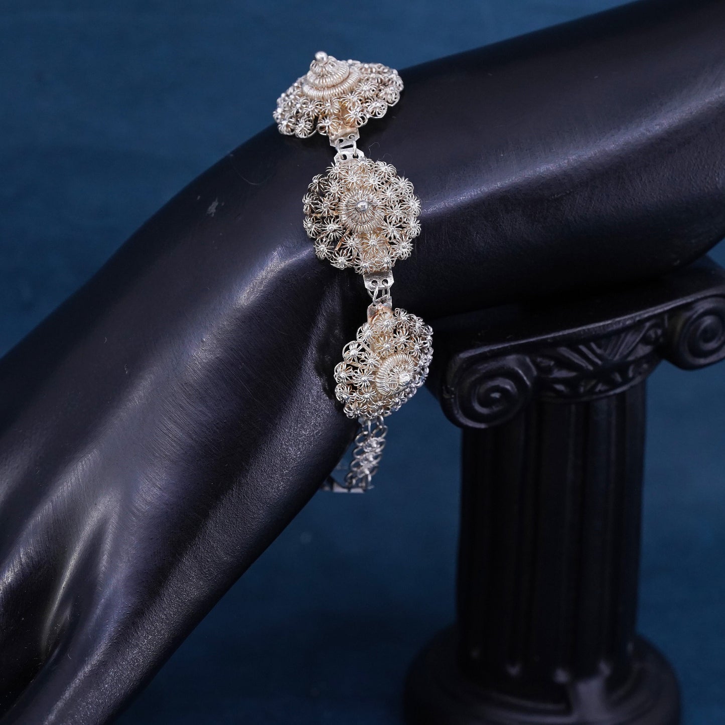 7", vintage sterling silver handmade bracelet, 800 filigree flower bracelet
