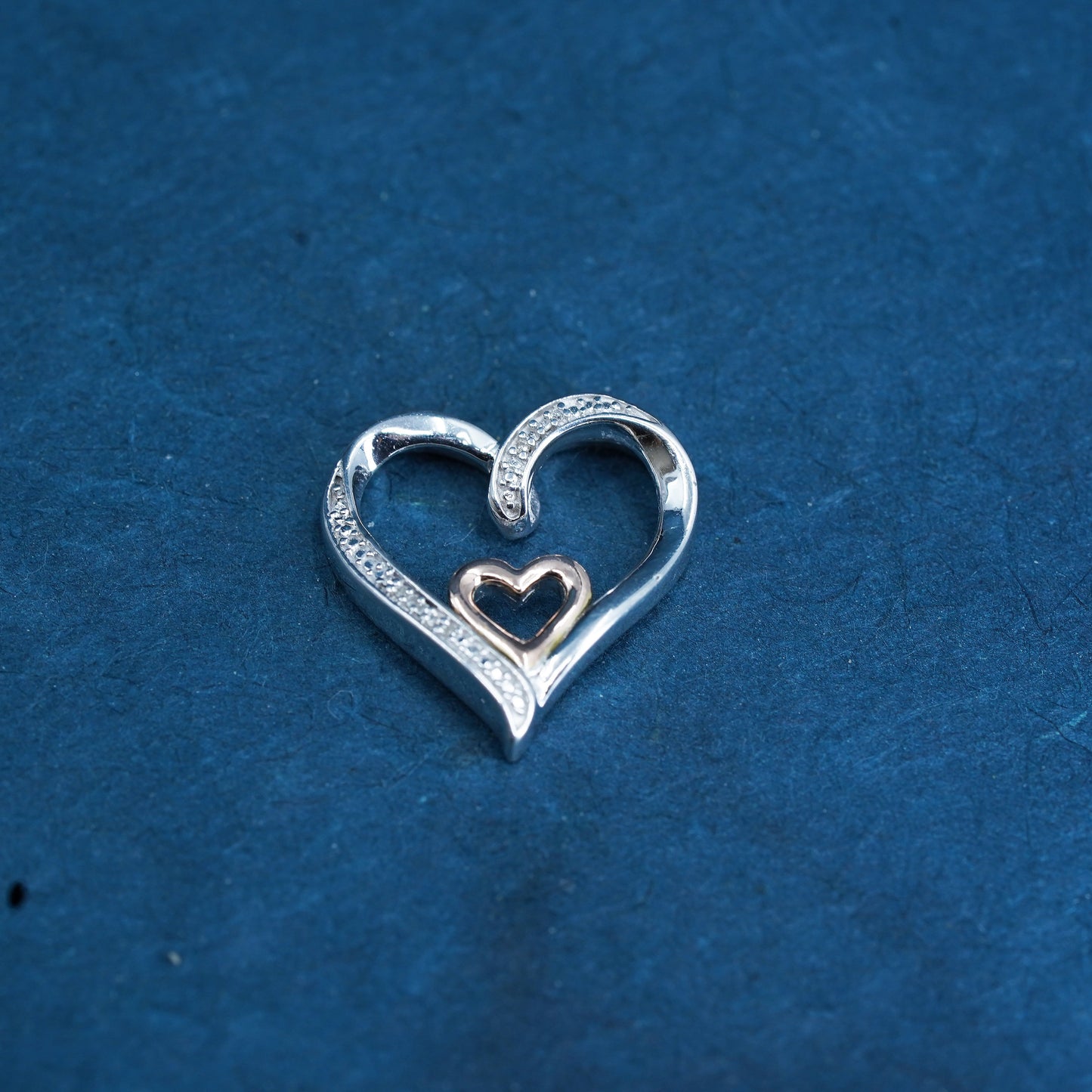 two tone Sterling 925 silver teardrop pendant 10K heart and genuine diamond