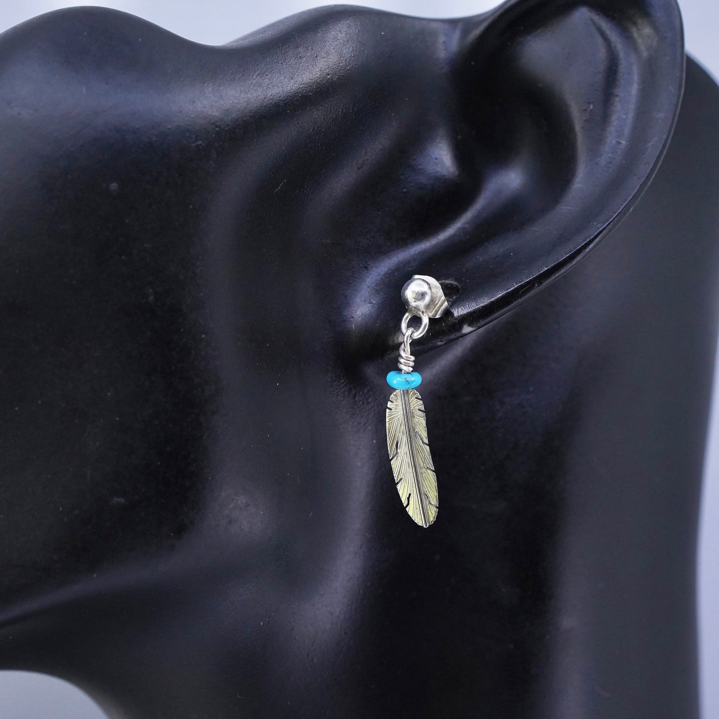 Navajo Native American Sterling 925 silver earrings turquoise feather dangles
