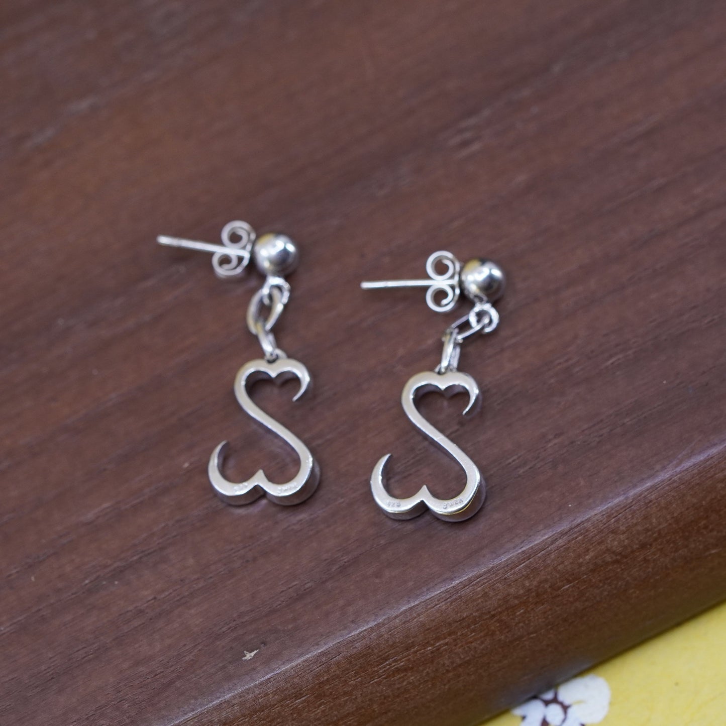 Vintage Sterling silver handmade earrings, 925 open heart dangles