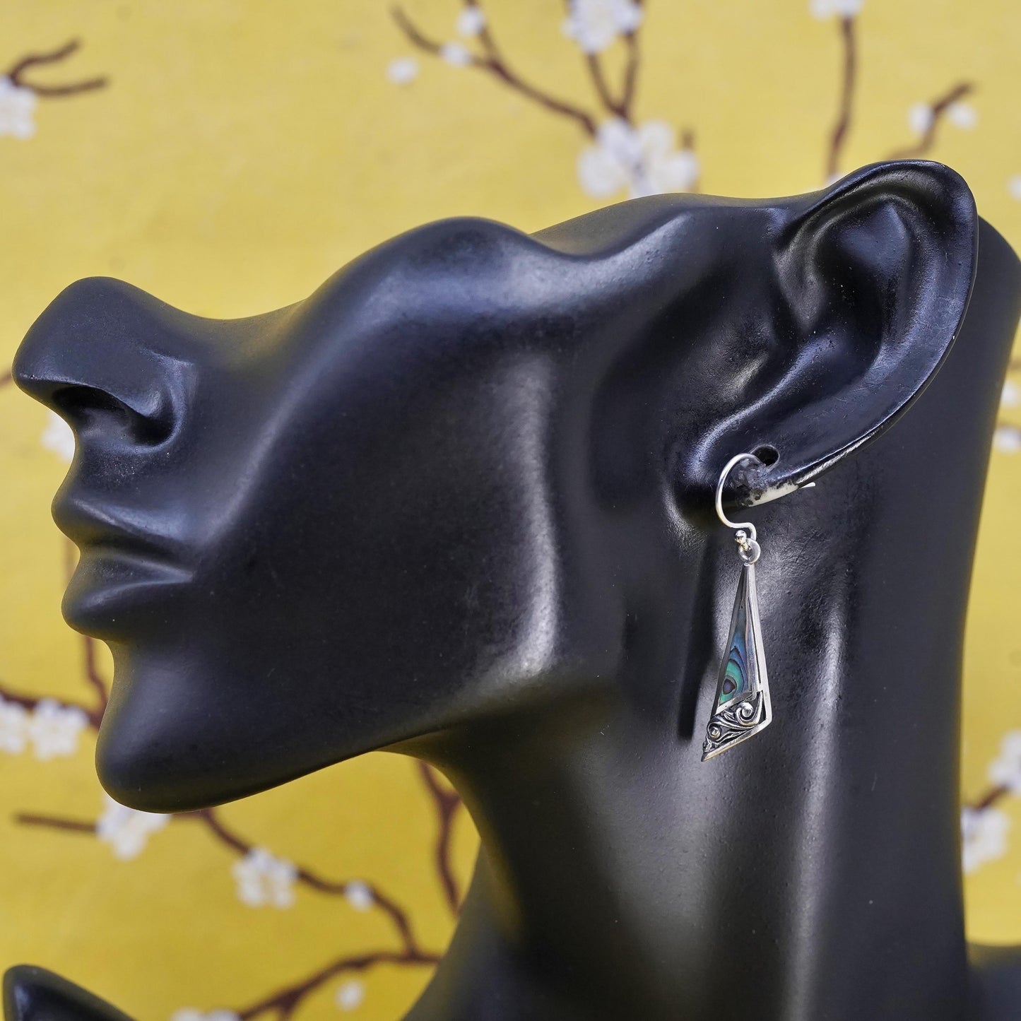 Vintage Sterling 925 silver handmade filigree earrings with abalone inlay