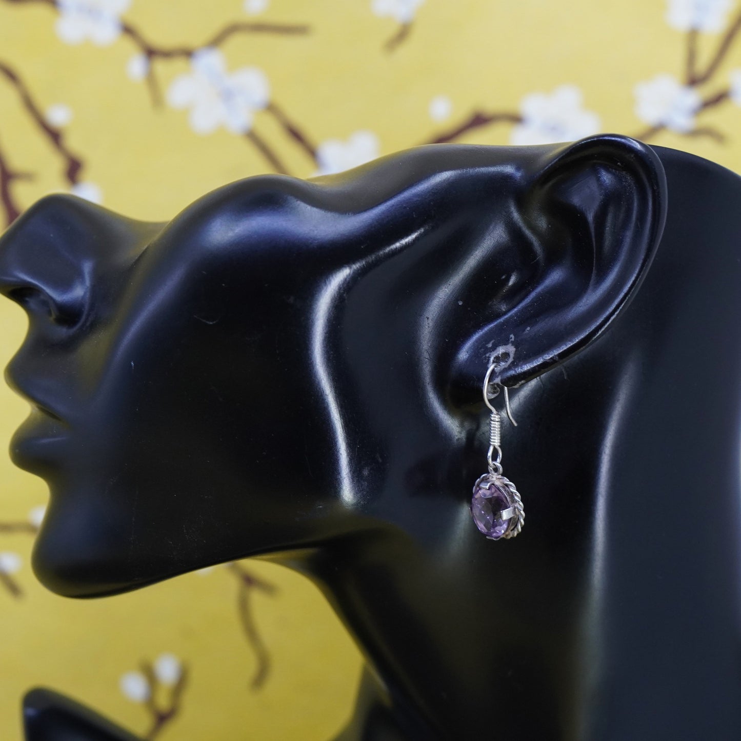 Vintage Sterling 925 silver handmade earrings with amethyst and cable around