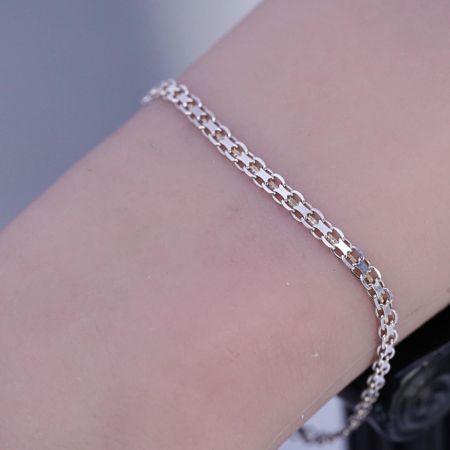 7" 4mm, Vintage Italia Sterling 925 silver bracelet, flatten curb link chain