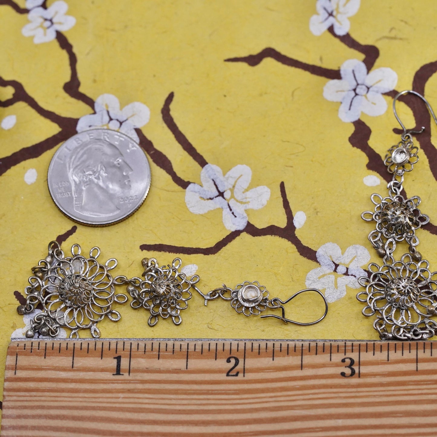 Vintage Sterling 925 silver handmade filigree flower long earrings