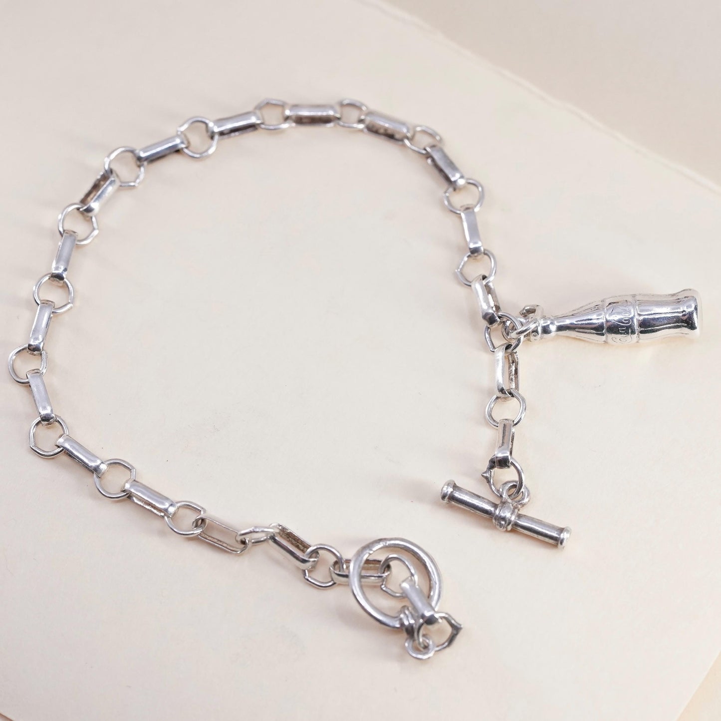 7.75” 3mm, vintage sterling silver bracelet, 925 elongated chain bottle charm
