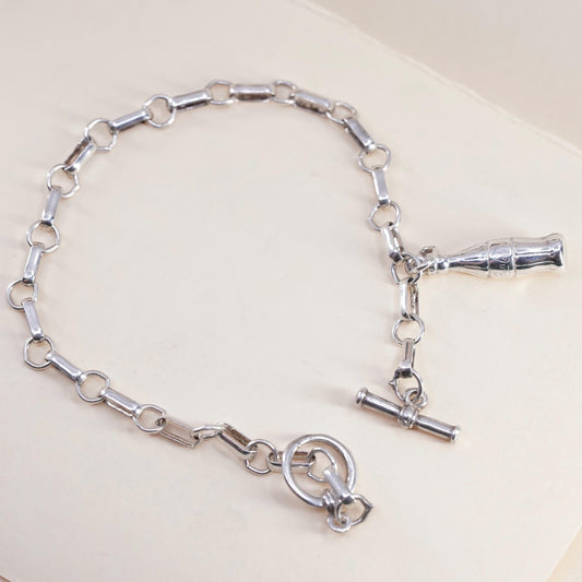 7.75” 3mm, vintage sterling silver bracelet, 925 elongated chain bottle charm
