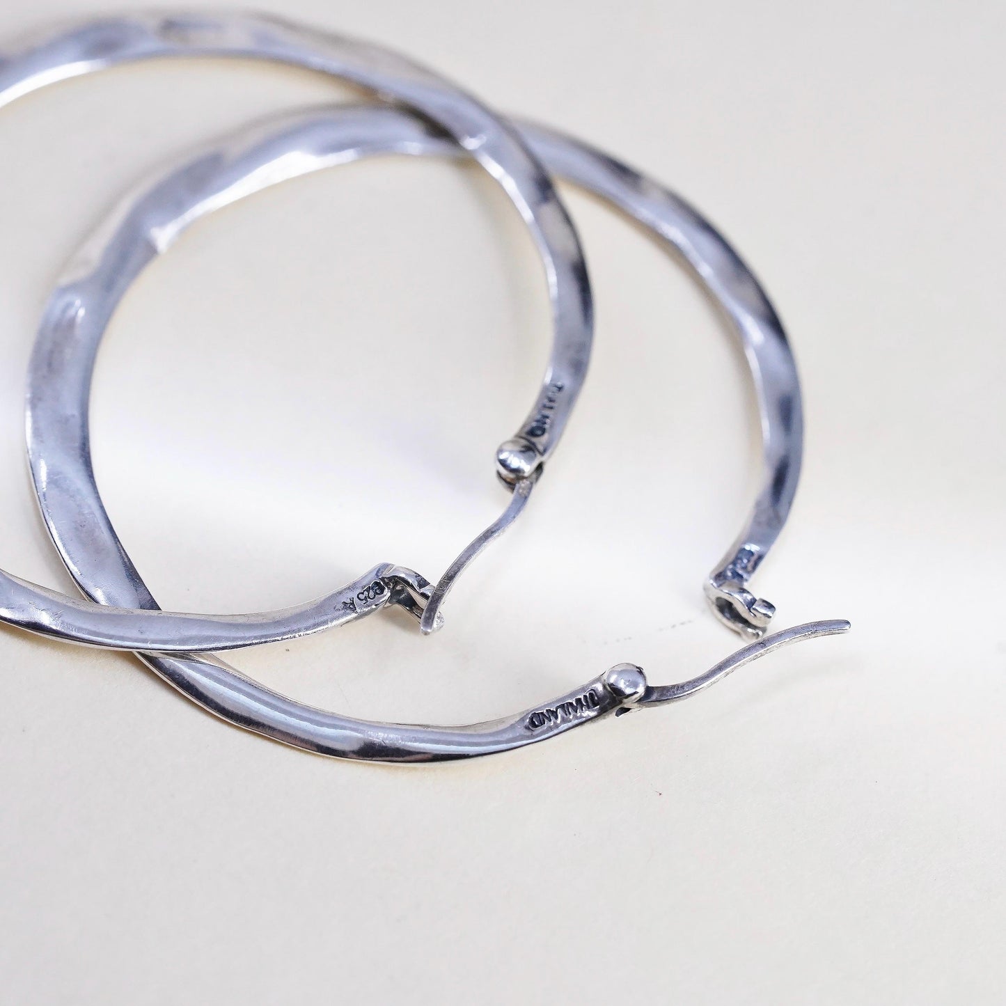 1.75", Vintage Huge 925 sterling silver loop earrings, flatten textured hoops