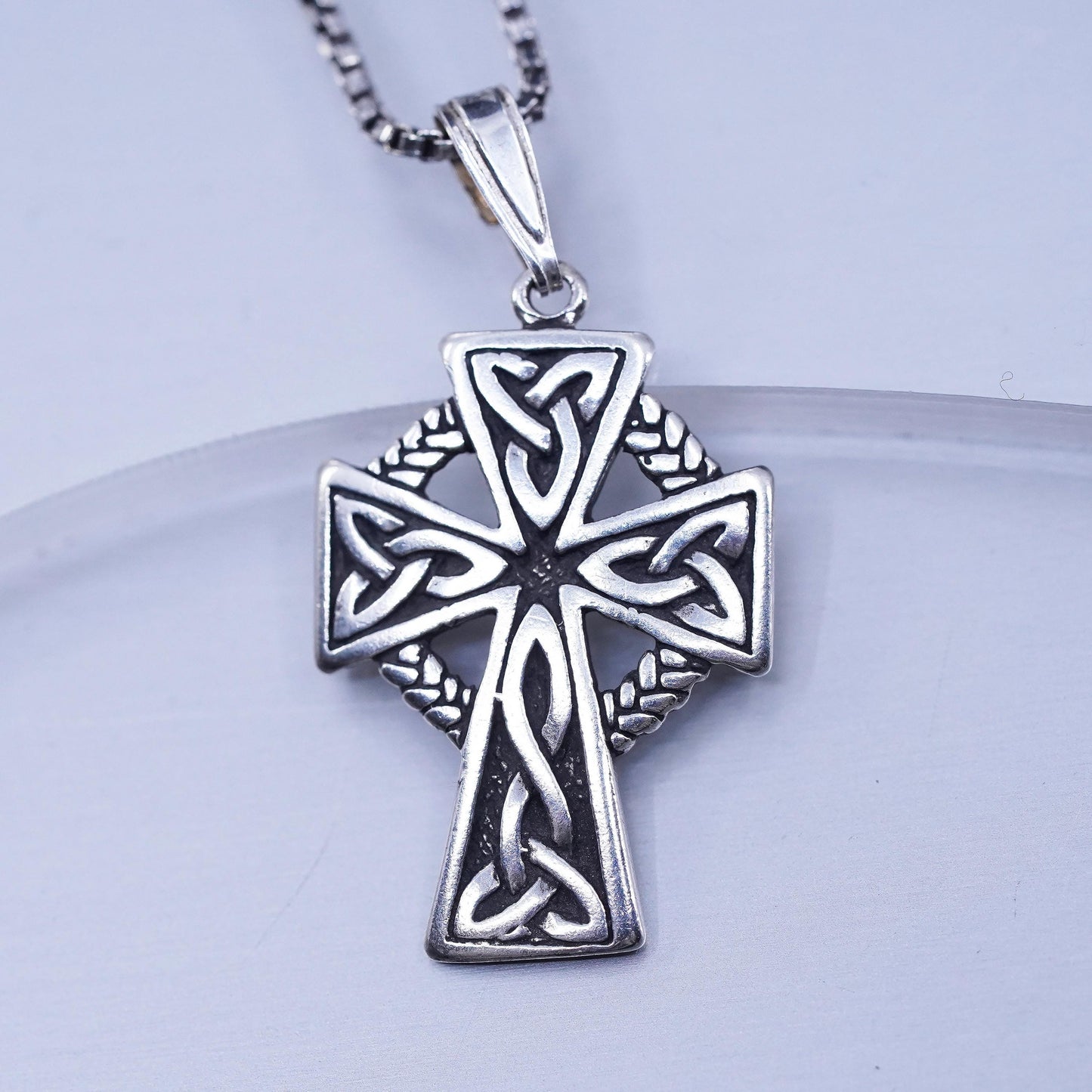 16”, vintage Sterling 925 silver box necklace Irish Celtic knot cross pendant