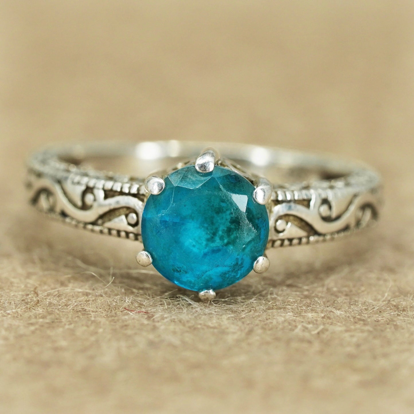 Size 7, vintage Sterling 925 silver handmade ring with blue topaz