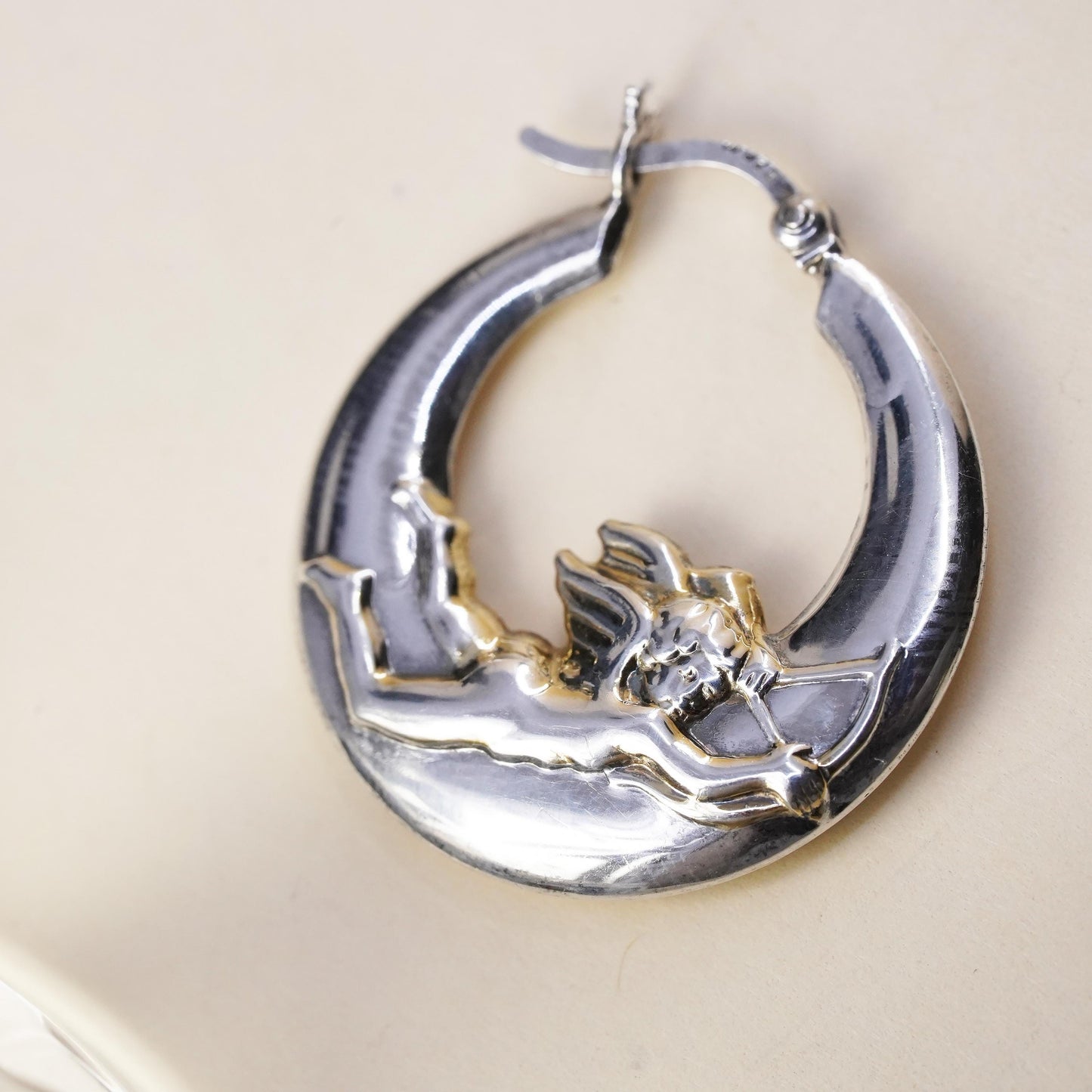 1”, Vintage Sterling silver handmade single 1 earring, 925 angel 925 hoops