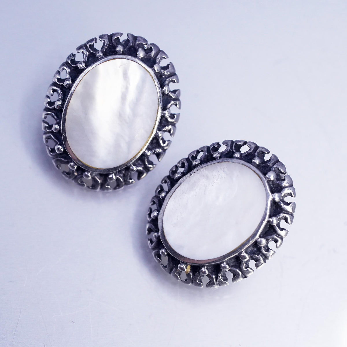 Vintage Sterling 925 silver earrings, oval beaded studs with mother of pearl
