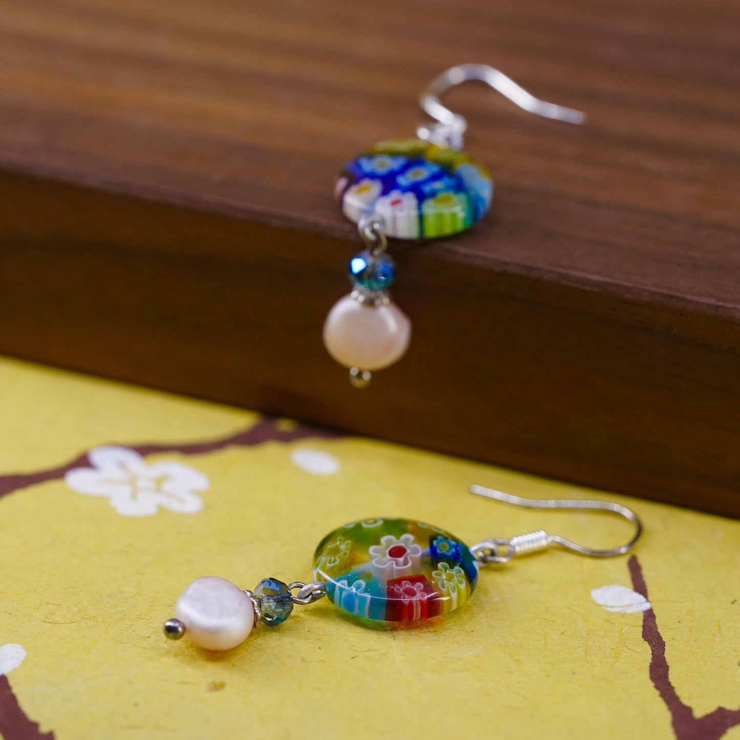Vintage Italian sterling silver 925 handmade murano glass circle earrings pearl