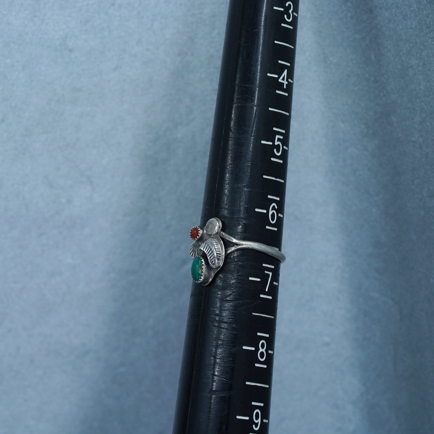 sz 6.5, Native American Navajo Sterling 925 silver ring turquoise coral feather