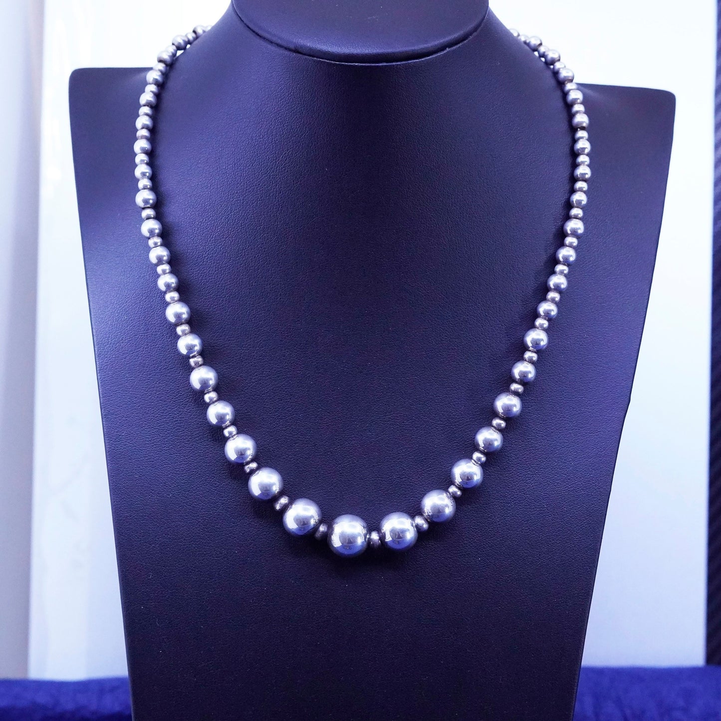 18”, vintage Sterling silver handmade necklace, 925 graduated beaded chain
