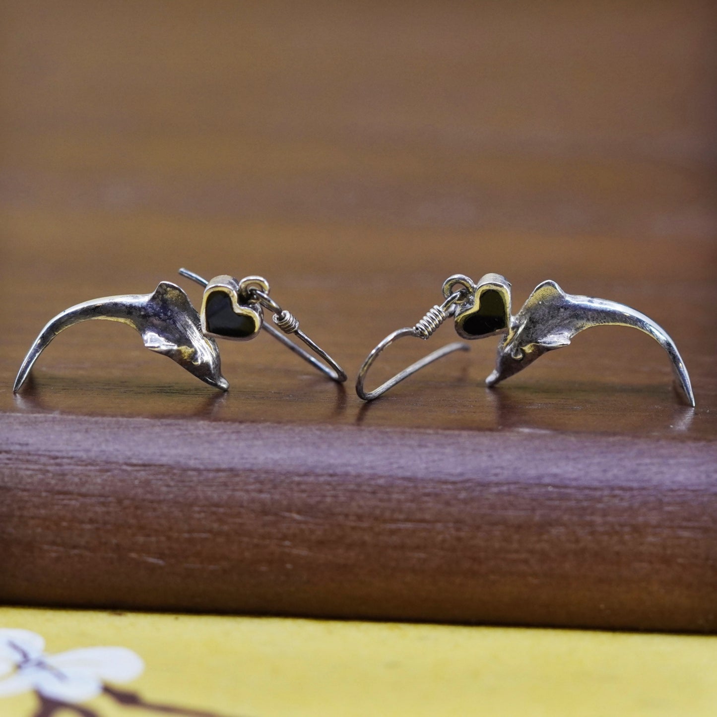 Vintage Sterling silver handmade earrings, 925 dolphin dangle w/ obsidian heart