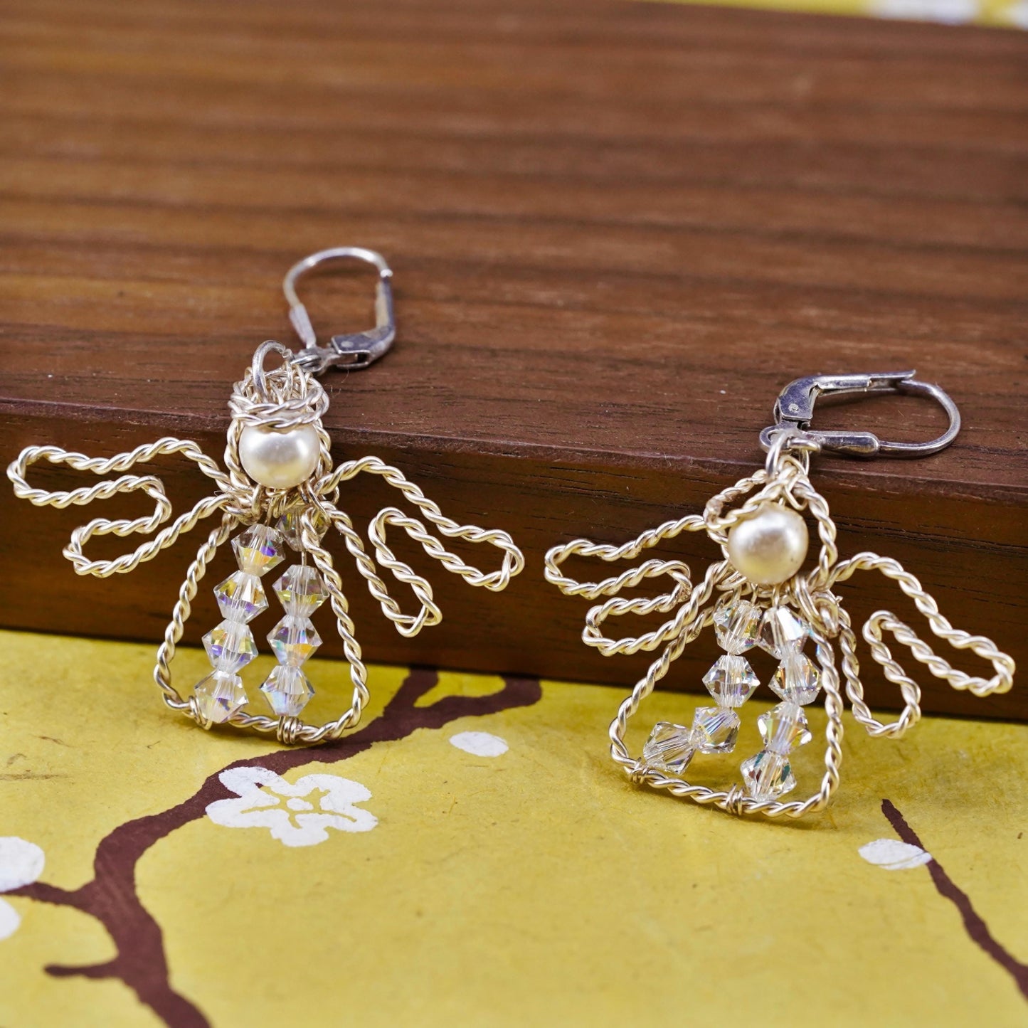 Vintage Sterling 925 silver handmade wired cable Angel earrings pearl crystal