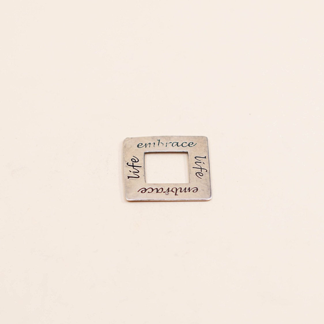 vtg Sterling silver handmade pendant, Hammered 925 square embossed embrace life