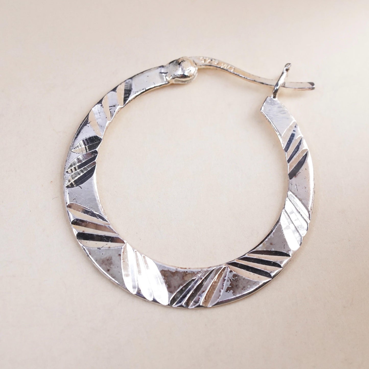 1", Vintage sterling silver loop single earring, minimalist textured hoop