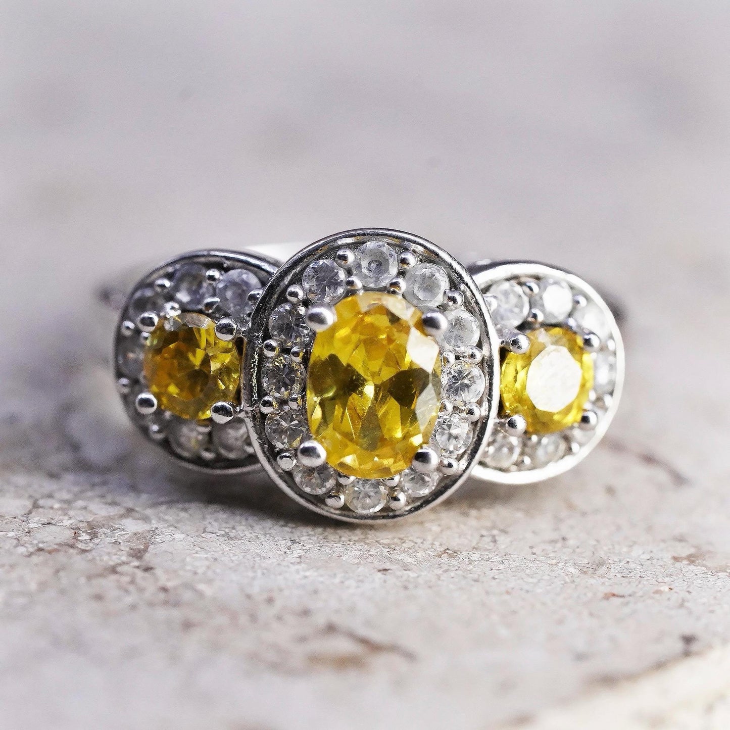 Size 8, VTG Sterling Silver 925 Yellow Citrine Ring, Three Stone Oval Halo Ring