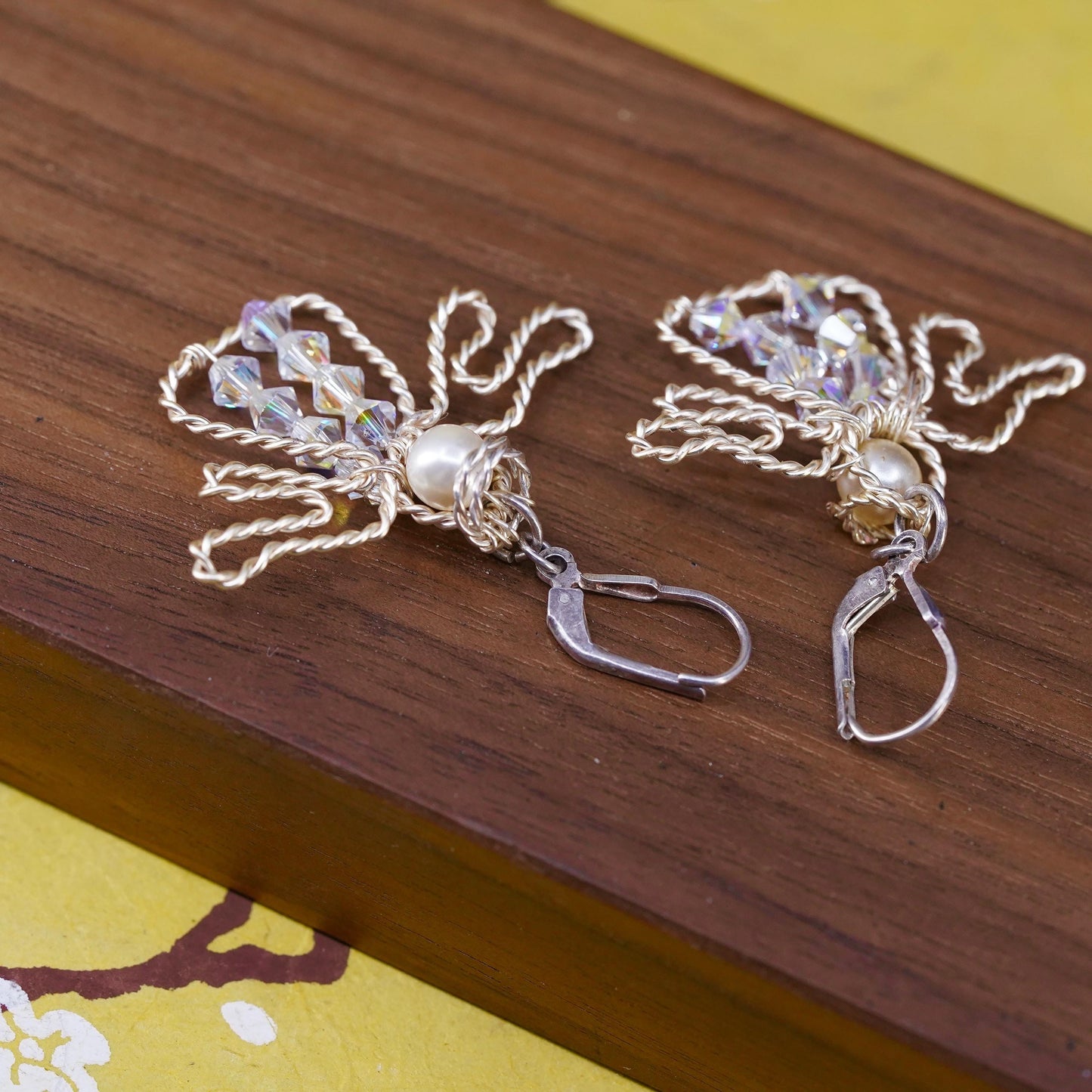 Vintage Sterling 925 silver handmade wired cable Angel earrings pearl crystal