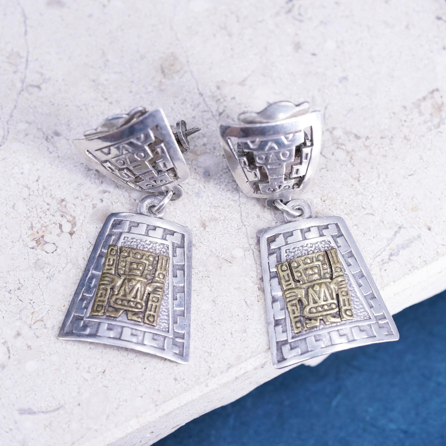 Vintage two tone Peru Sterling silver handmade earrings, 925 clip on Inca gods